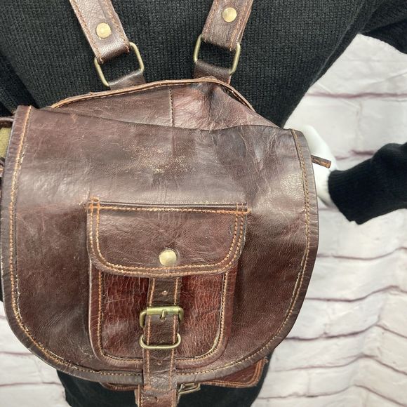 Genuine Leather Backpack Purse Pockets Adjustable Drawstring Buckle Brown Soft - Picture 2 of 14